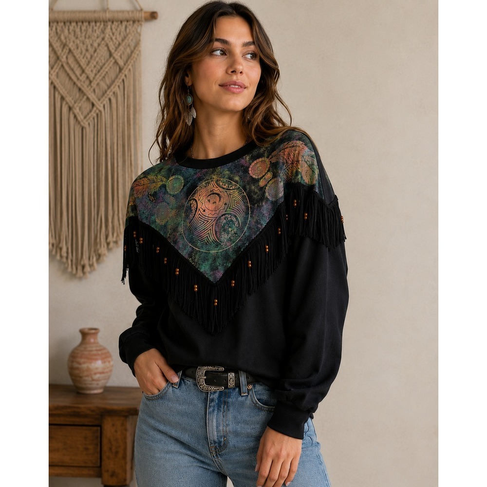 VTG 90s Southwestern Fringe Beaded‎ Pullover Shirt M USA Boho Western Black